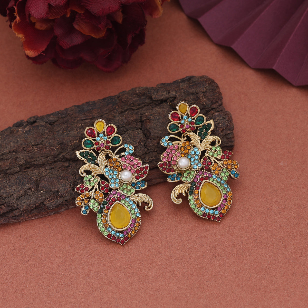 Festive Yellow & Multi Color Turkish Kundan Earrings Designed For Cultural Gatherings