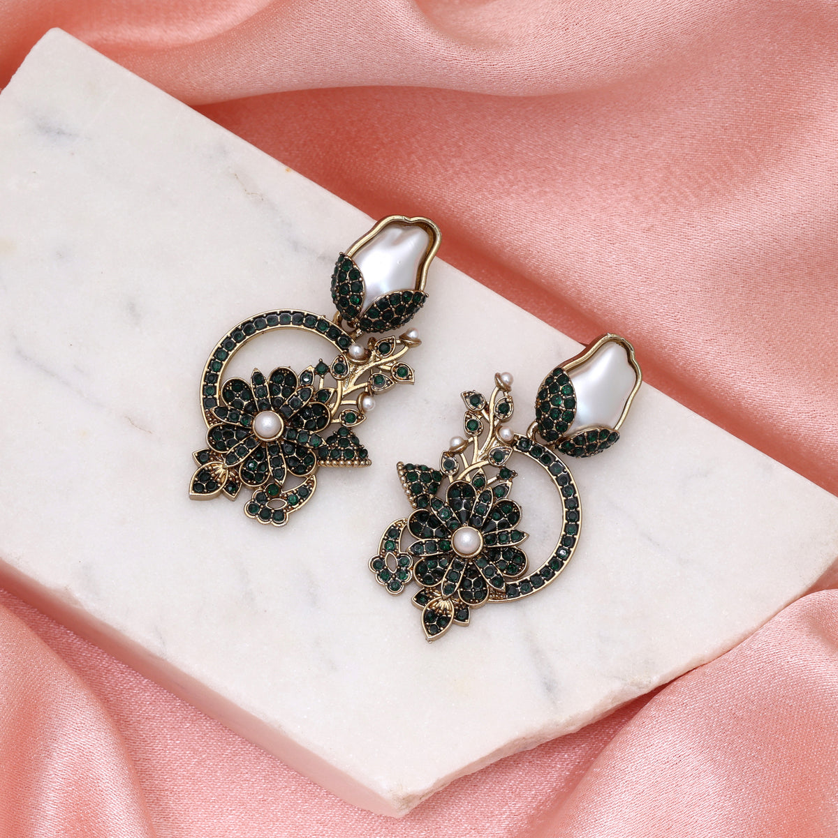 Lush Royal Green Color Turkish Kundan Earrings Specially Created For Saree Pairing