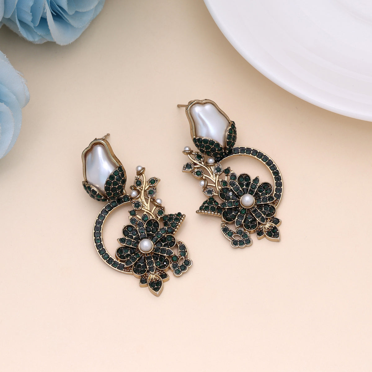 Lush Royal Green Color Turkish Kundan Earrings Specially Created For Saree Pairing