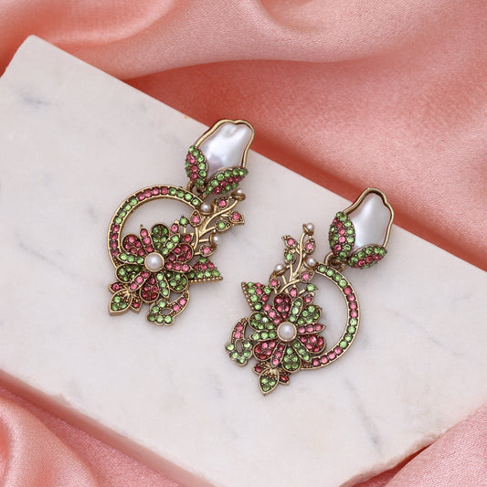 Graceful Light Pink & Green Color Turkish Kundan Earrings Styled For Sangeet