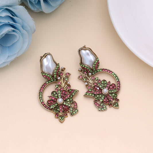 Graceful Light Pink & Green Color Turkish Kundan Earrings Styled For Sangeet