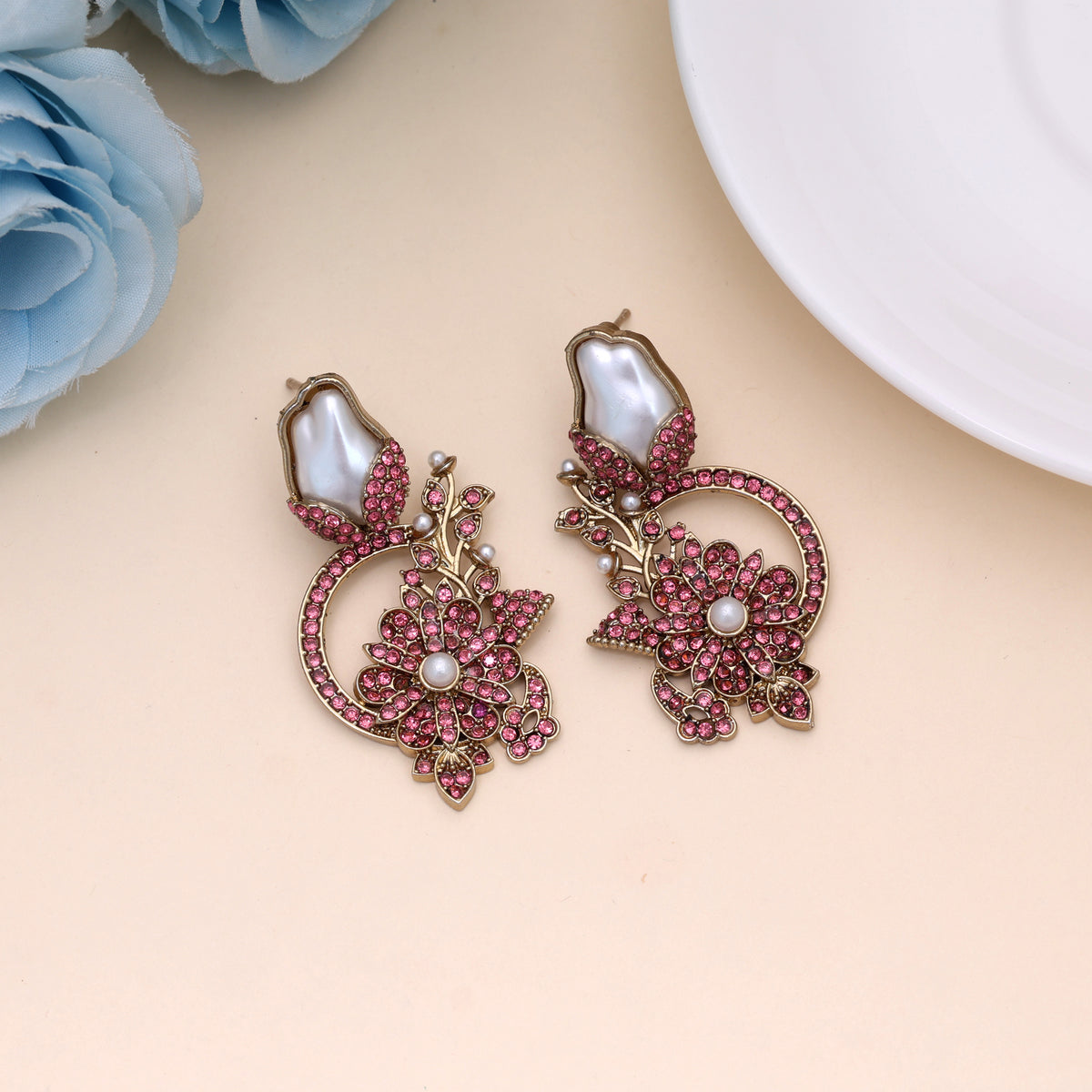 Subtle Soft Light Pink Color Turkish Kundan Earrings Designed For Daily Celebrations