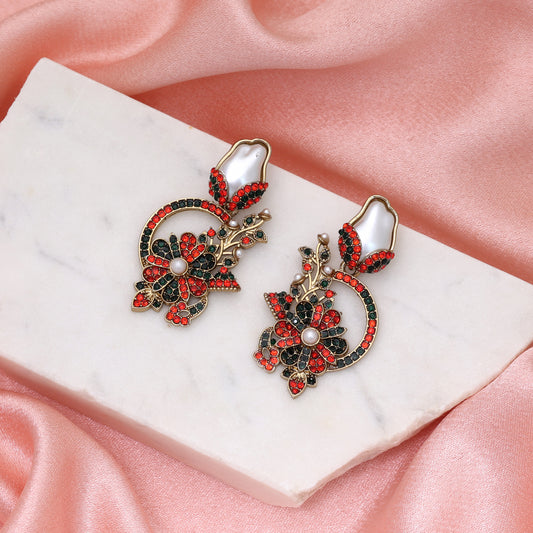 Traditional Orange & Green Color Turkish Kundan Earrings Styled Specially For Festivities