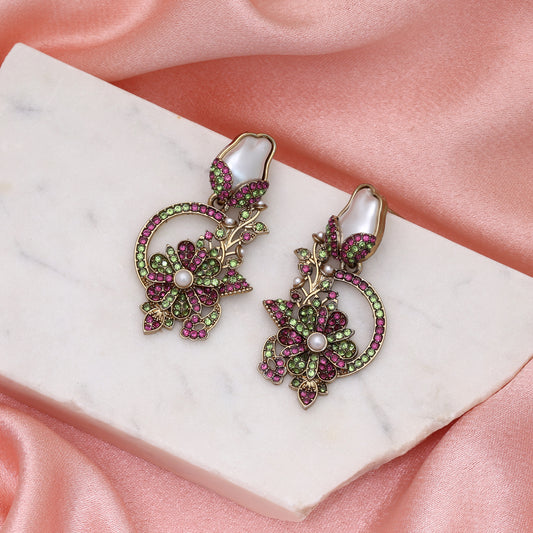 Pretty Dual Pink & Green Color Turkish Kundan Earrings Crafted For Festivities