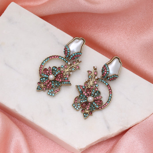 Captivating Rama Green & Pink Color Turkish Kundan Earrings Tailored For Weddings
