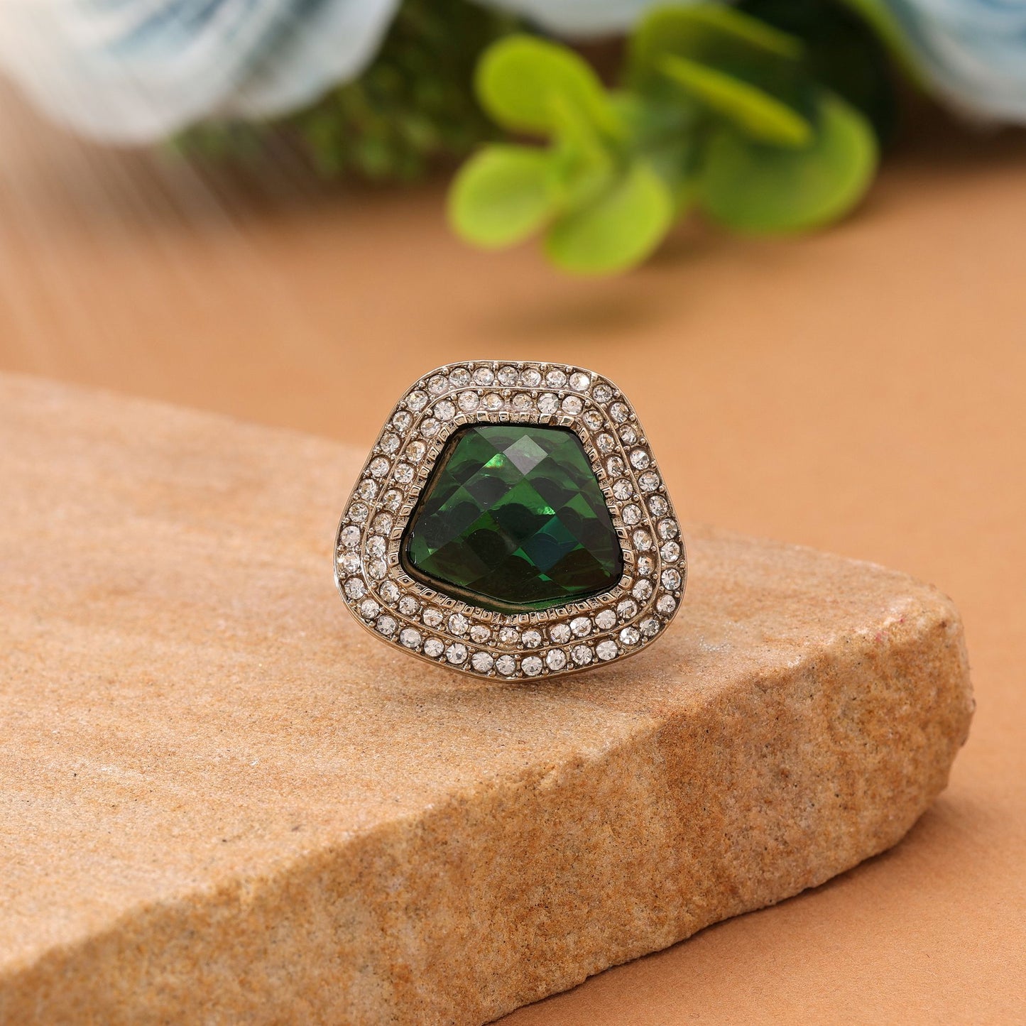Green Color Stone Ring Crafted for Traditional Festive Elegant Jewelry Collection