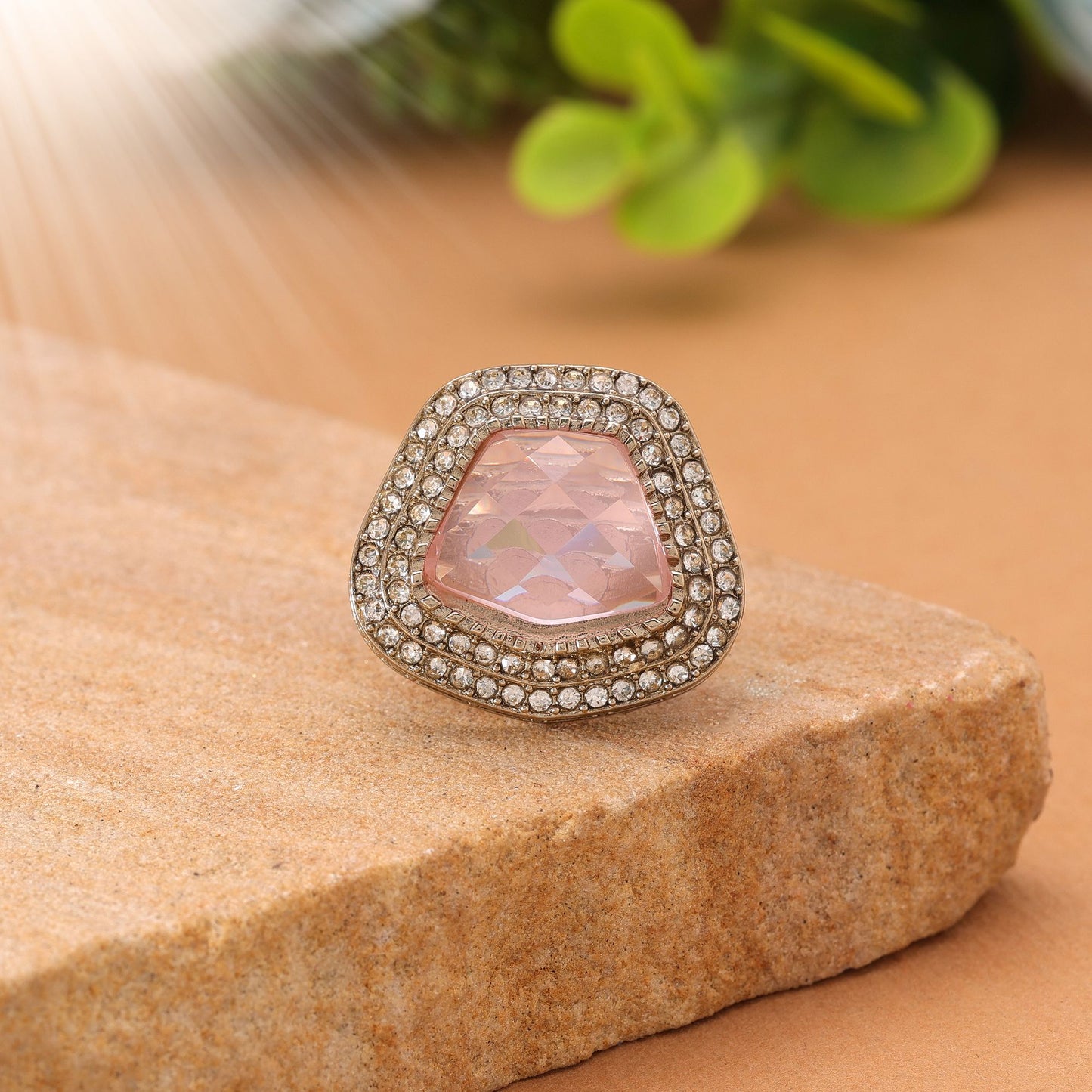 Light Pink Color Stone Ring with Stylish Crystal Inspired Elegant Fashion Finish