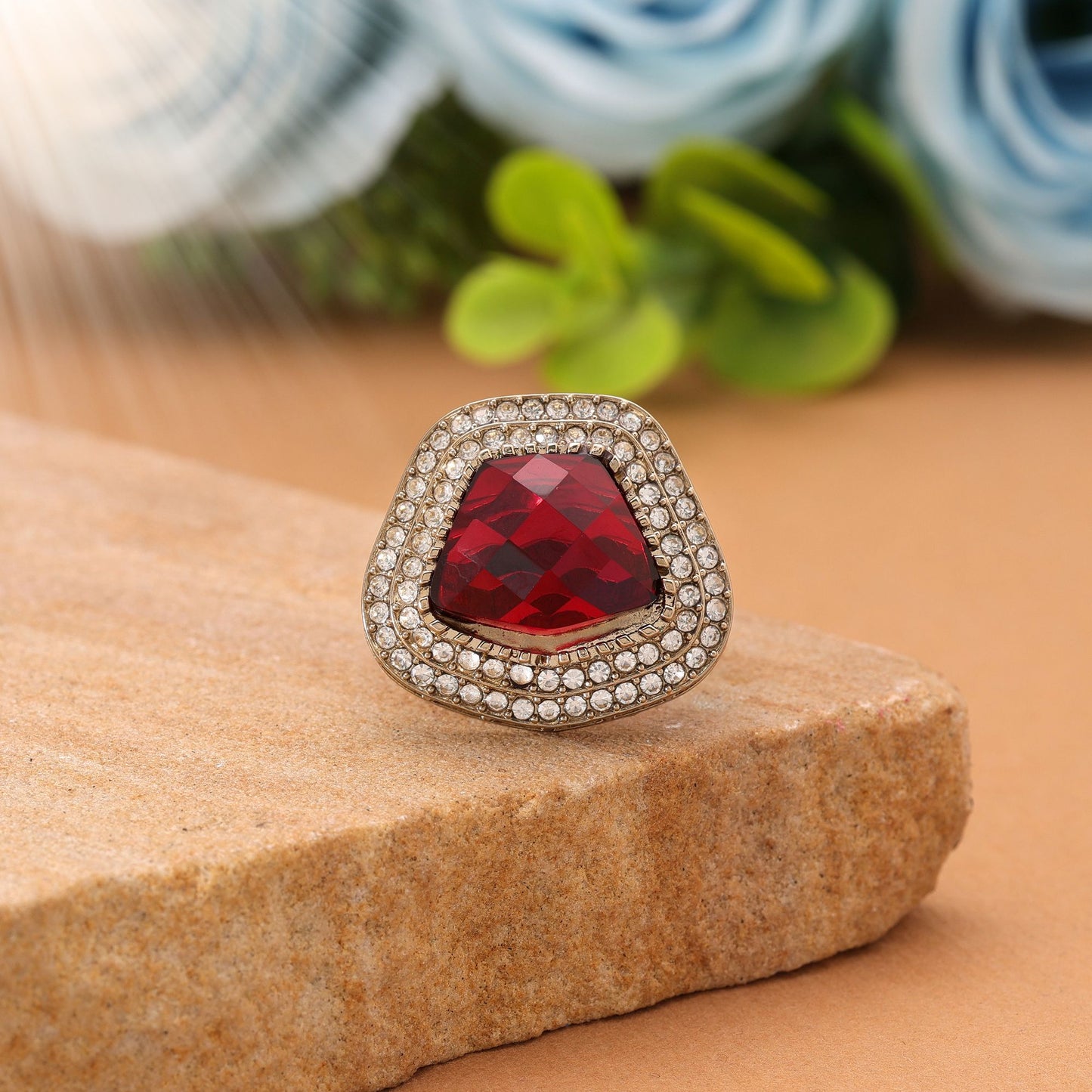 Red Color Stone Ring Featuring Beautiful Traditional Party Wear Jewelry Design