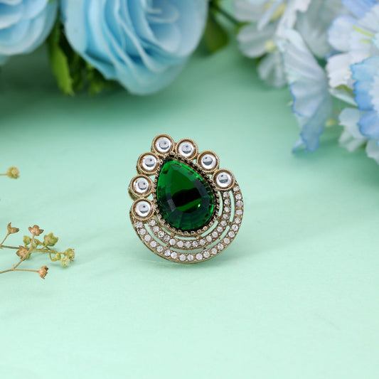 Green Color Kundan Ring Crafted with Premium Traditional Festive Designer Finish
