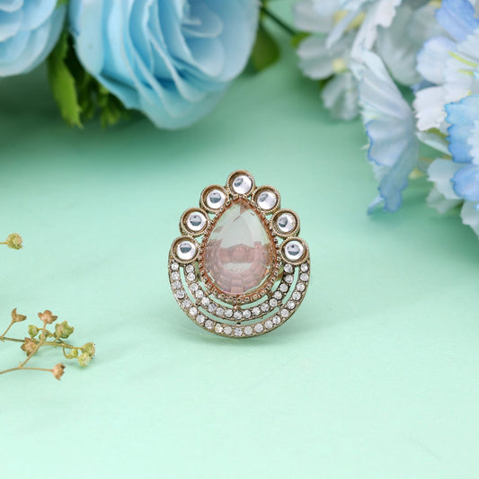 Light Pink Color Kundan Ring Featuring Elegant Wedding Wear Jewelry Style