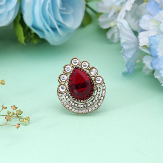 Red Color Kundan Ring with Beautiful Ethnic Designer Traditional Fashion Look