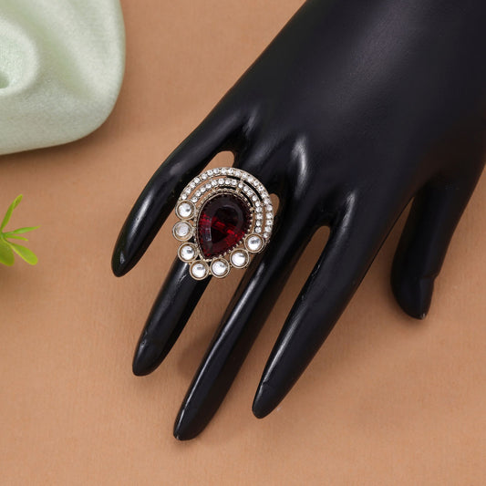 Red Color Kundan Ring with Beautiful Ethnic Designer Traditional Fashion Look