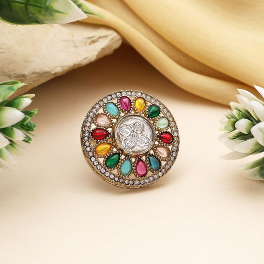 Assorted Color Combo Of 11 Pieces Kundan Rings (FNKDR104CMB)