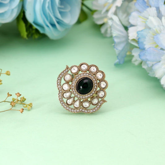 Black Color Kundan Ring with Royal Traditional Designer Statement Jewelry Look