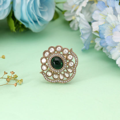Green Color Kundan Ring with Beautiful Traditional Handmade Designer Appeal