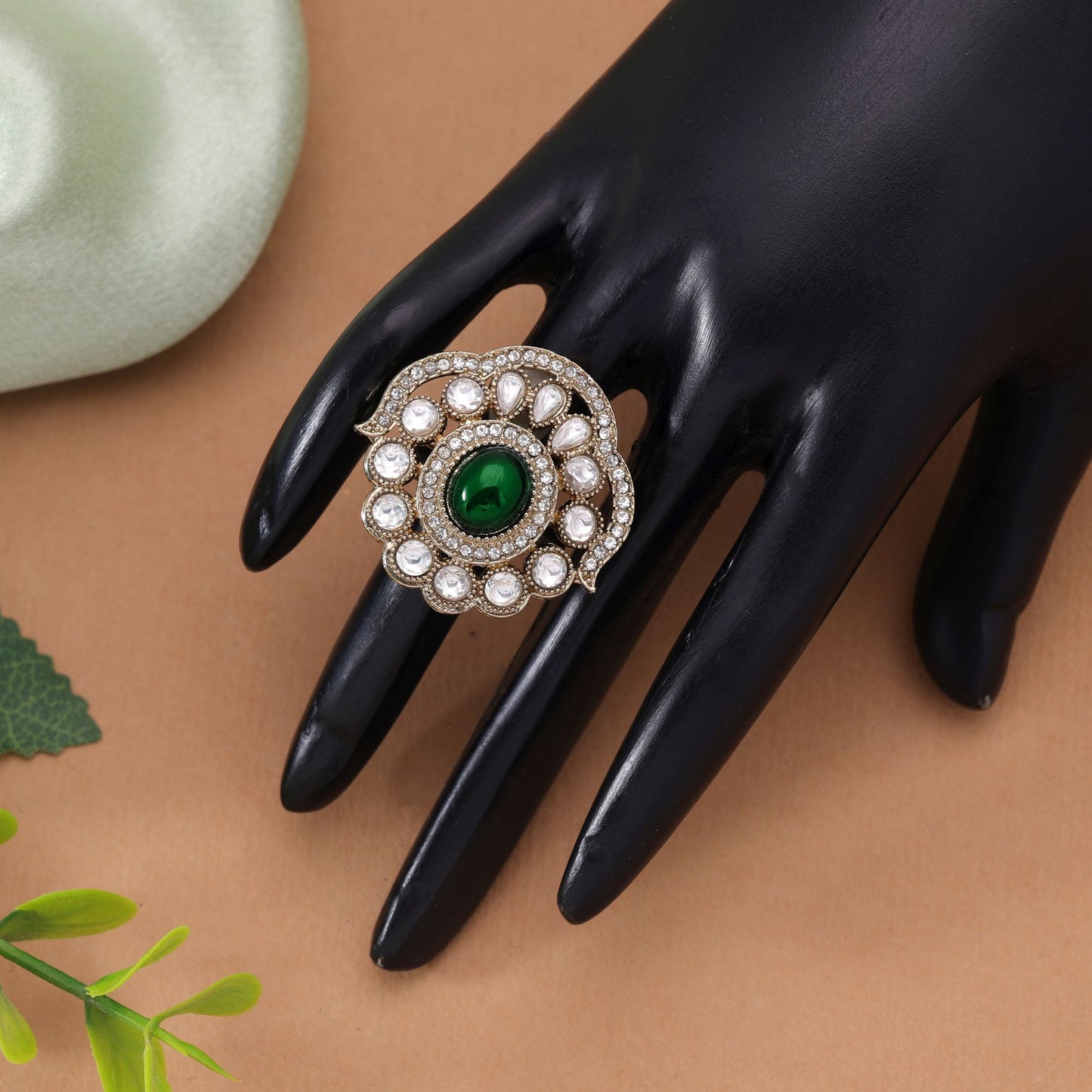 Green Color Kundan Ring with Beautiful Traditional Handmade Designer Appeal