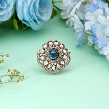 Light Blue Color Kundan Ring Featuring Elegant Handmade Ethnic Jewelry Style