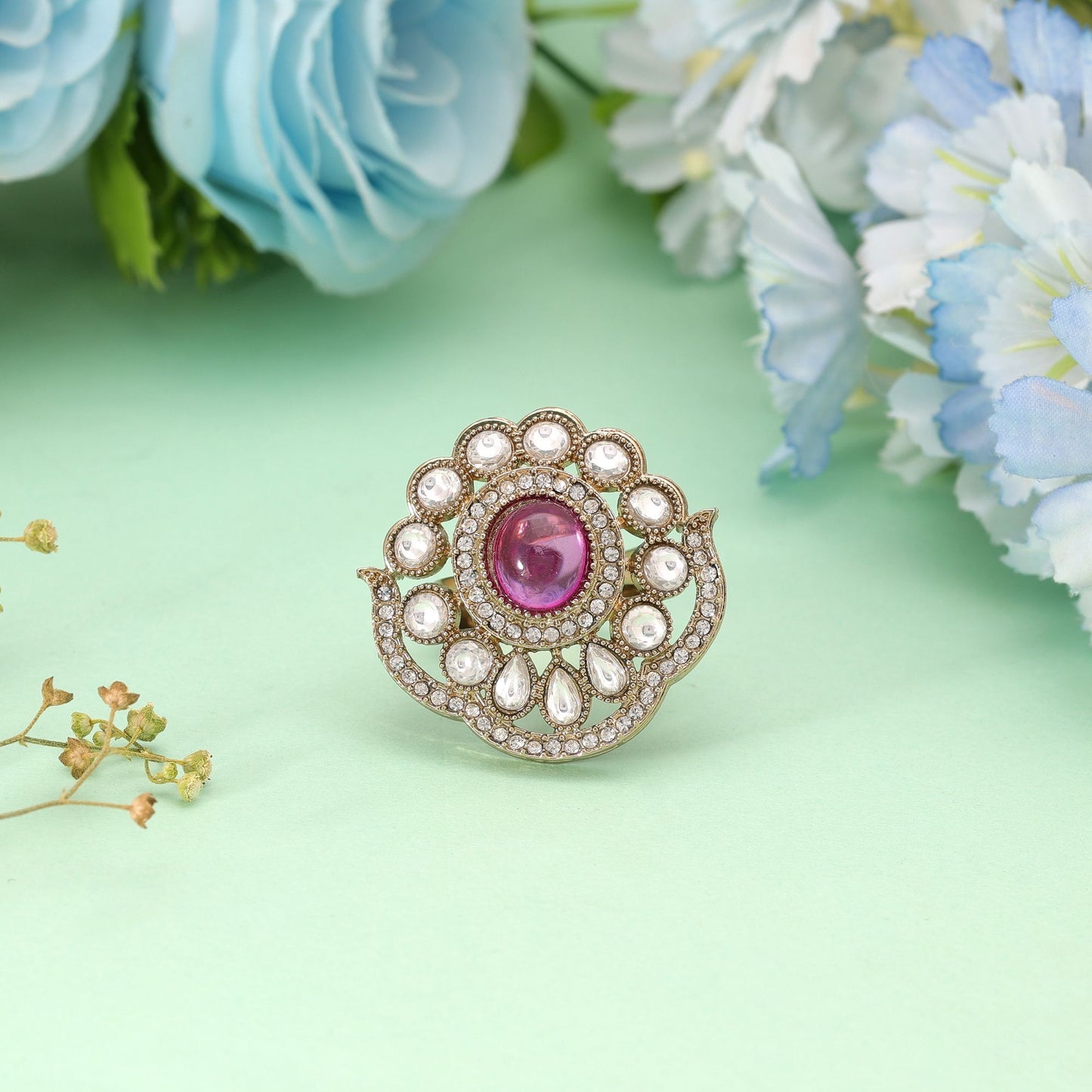 Purple Color Kundan Ring Crafted with Elegant Ethnic Fashion Wear Finish