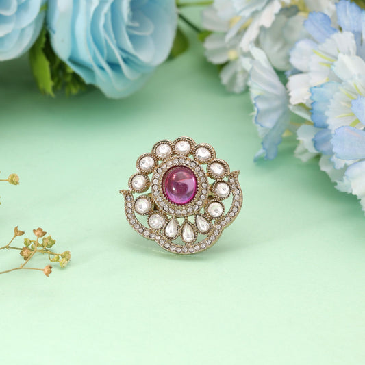 Purple Color Kundan Ring Crafted with Elegant Ethnic Fashion Wear Finish