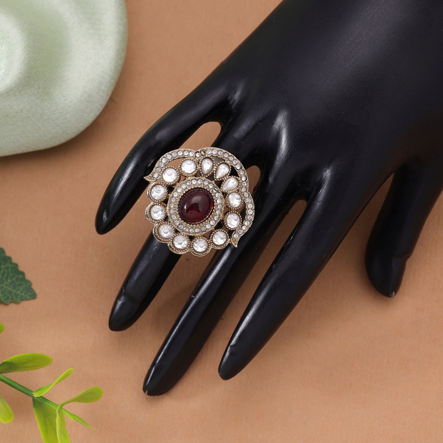 Red Color Kundan Ring Featuring Elegant Festive Fashion Jewelry Style