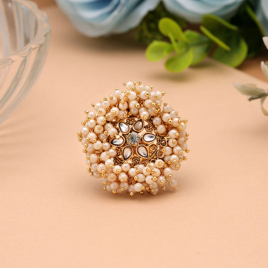 Gold & White Color Gajra Kundan Ring Featuring Elegant Floral Traditional Design