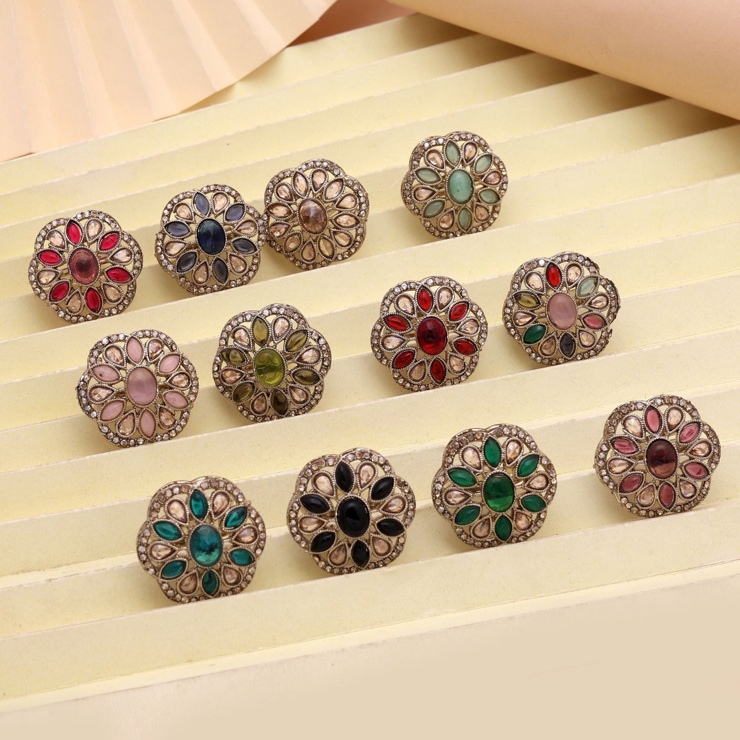 Assorted Color Combo Of 12 Pieces Kundan Rings (FNKDR107CMB)