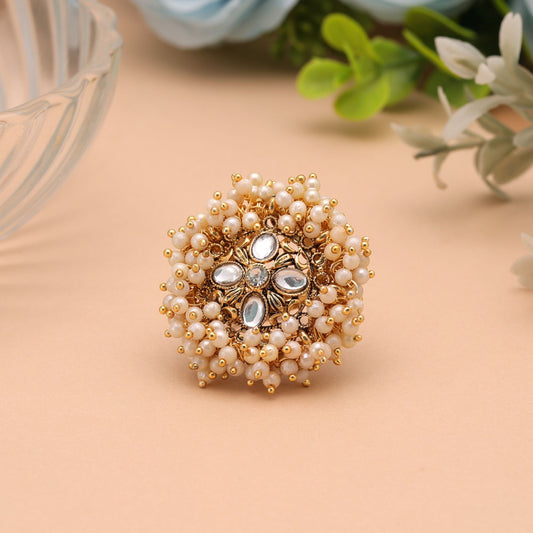 Gold & White Color Gajra Kundan Ring with Royal Ethnic Designer Jewelry Appeal