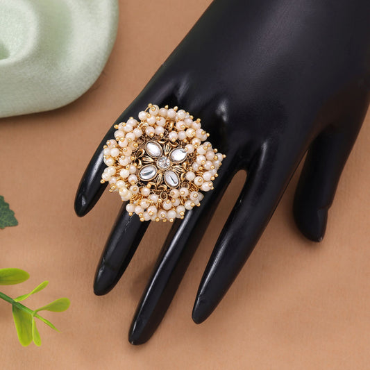 Gold & White Color Gajra Kundan Ring with Royal Ethnic Designer Jewelry Appeal