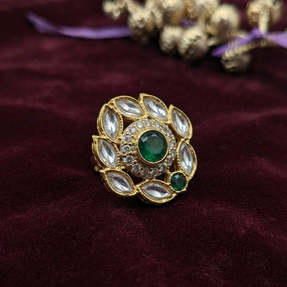 Green Color Kundan Ring with Royal Handmade Traditional Jewelry Design