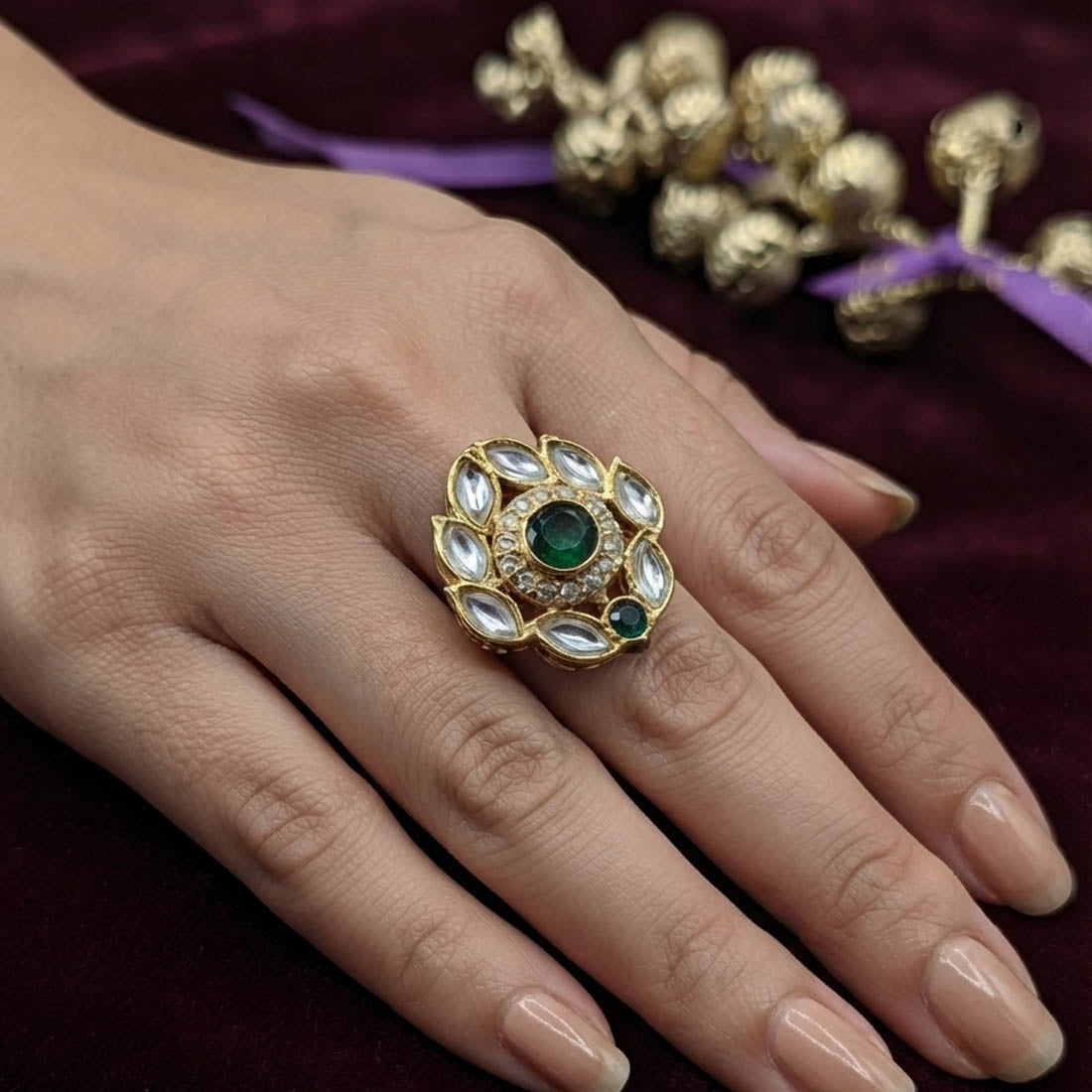 Green Color Kundan Ring with Royal Handmade Traditional Jewelry Design