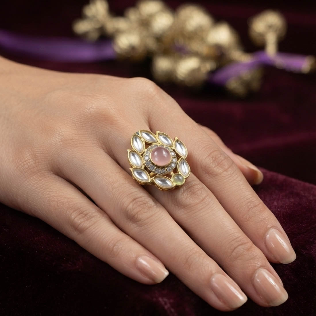 Light Purple Color Kundan Ring Featuring Premium Traditional Designer Appeal