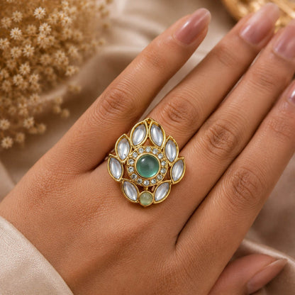 Paris Green Color Kundan Ring with Elegant Festive Jewelry Style