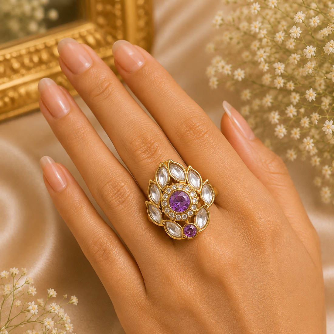 Purple Color Kundan Ring Featuring Stylish Ethnic Designer Fashion Appeal