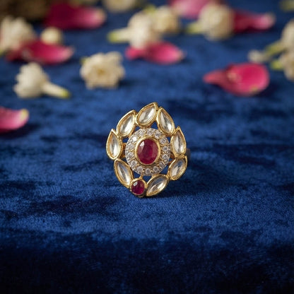 Red Color Kundan Ring Featuring Beautiful Festive Fashion Jewelry Appeal