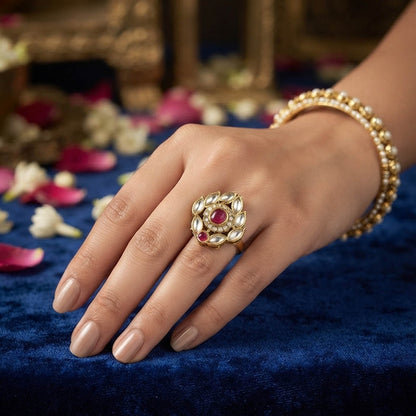 Red Color Kundan Ring Featuring Beautiful Festive Fashion Jewelry Appeal