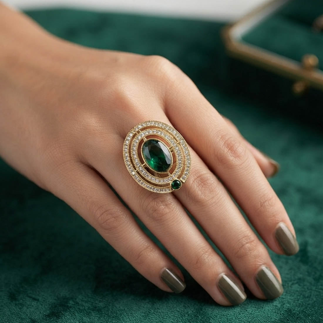 Green Color Kundan Ring Featuring Premium Handmade Traditional Jewelry Appeal