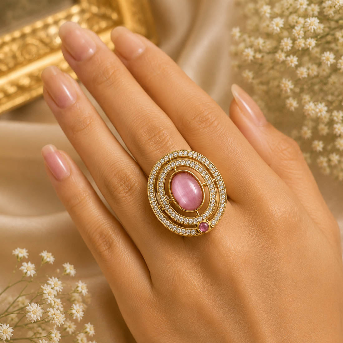 Light Pink Color Kundan Ring Featuring Elegant Handmade Traditional Style