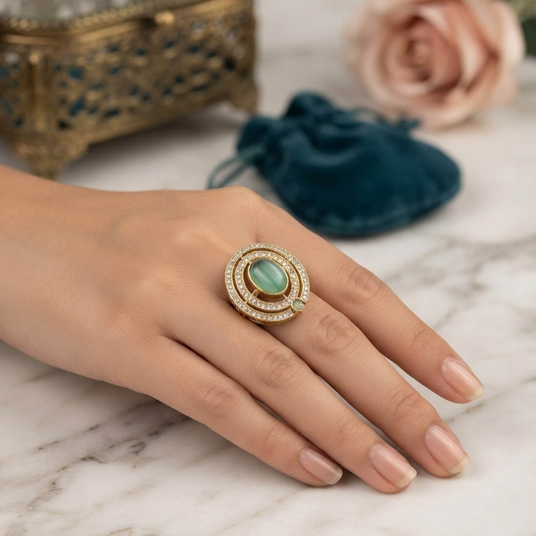 Paris Green Color Kundan Ring with Royal Designer Jewelry Appeal