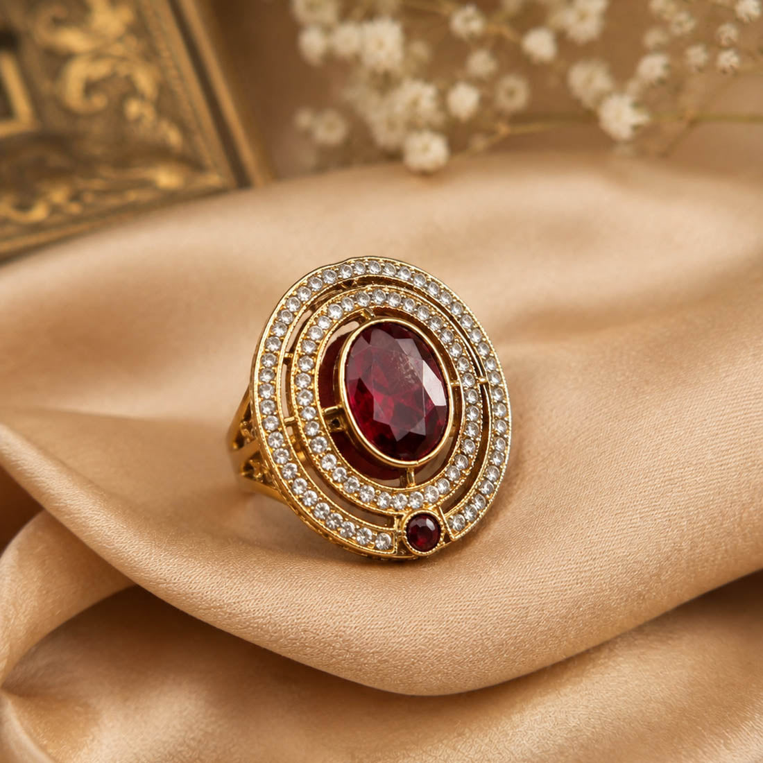 Red Color Kundan Ring with Elegant Designer Festive Fashion Style