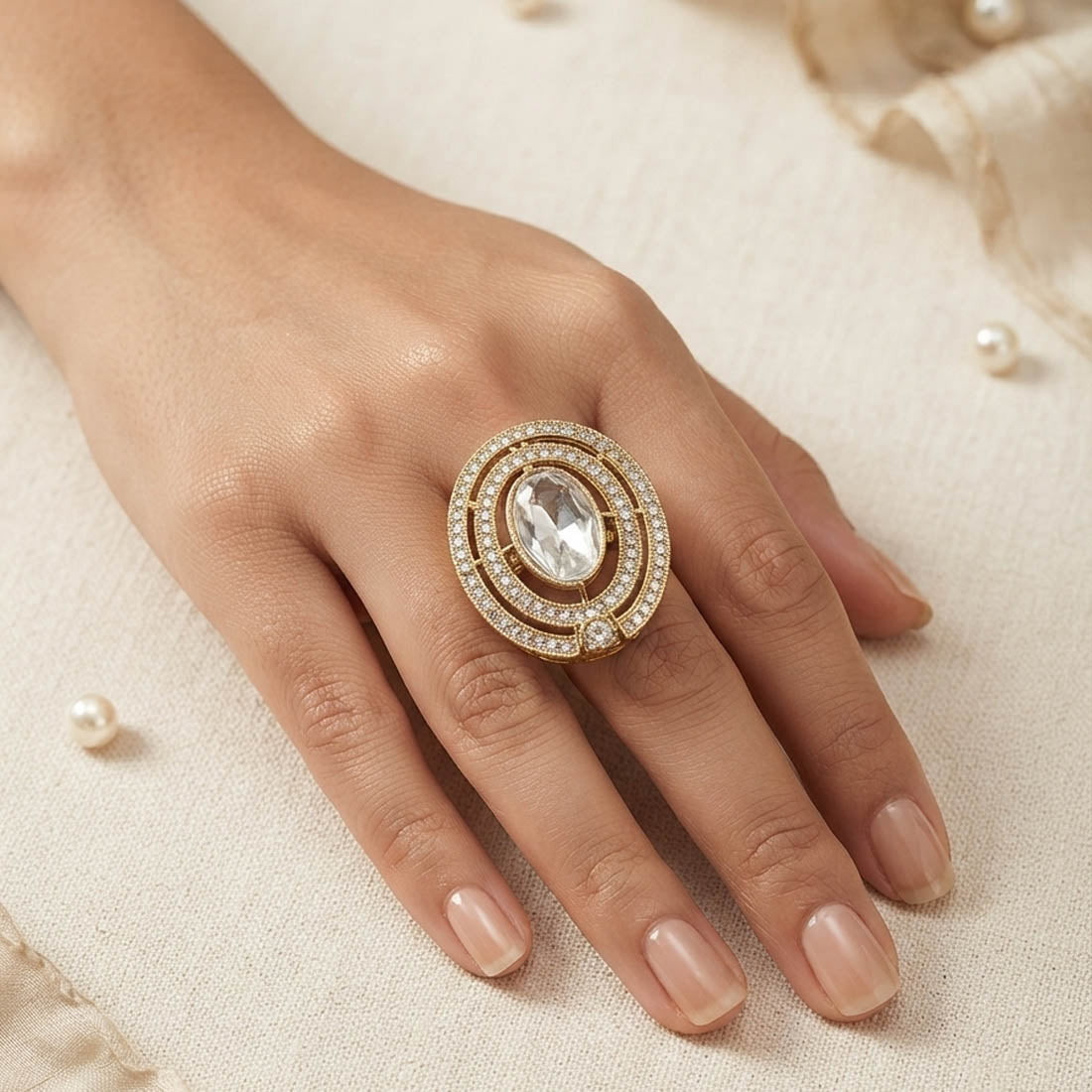 White Color Kundan Ring Featuring Graceful Traditional Jewelry Appeal