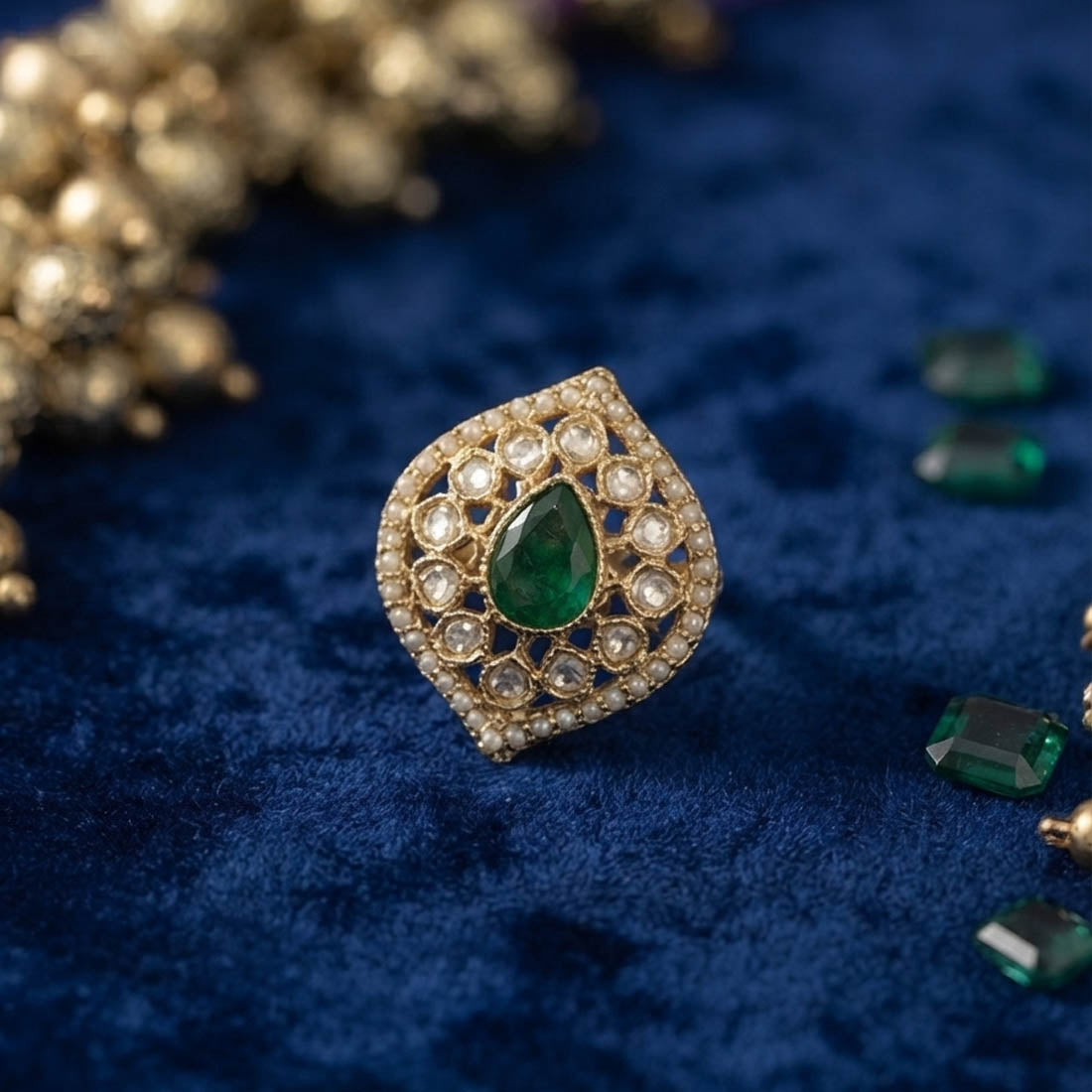 Green Color Kundan Ring with Elegant Handmade Ethnic Jewelry Appeal
