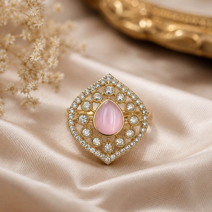 Light Pink Color Kundan Ring Featuring Graceful Traditional Fashion Style