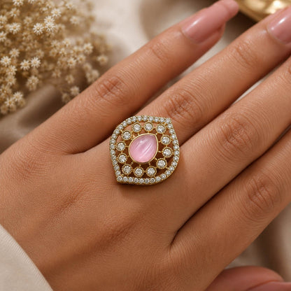 Light Pink Color Kundan Ring Featuring Graceful Traditional Fashion Style
