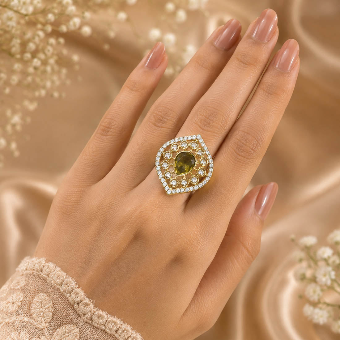 Olive Green Color Kundan Ring with Elegant Ethnic Designer Appeal