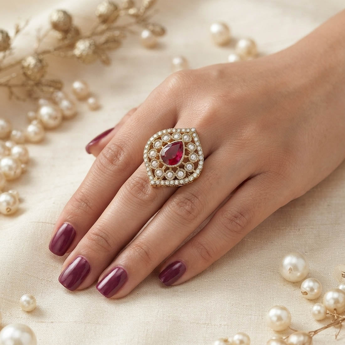 Red Color Kundan Ring Featuring Graceful Festive Jewelry Fashion Style