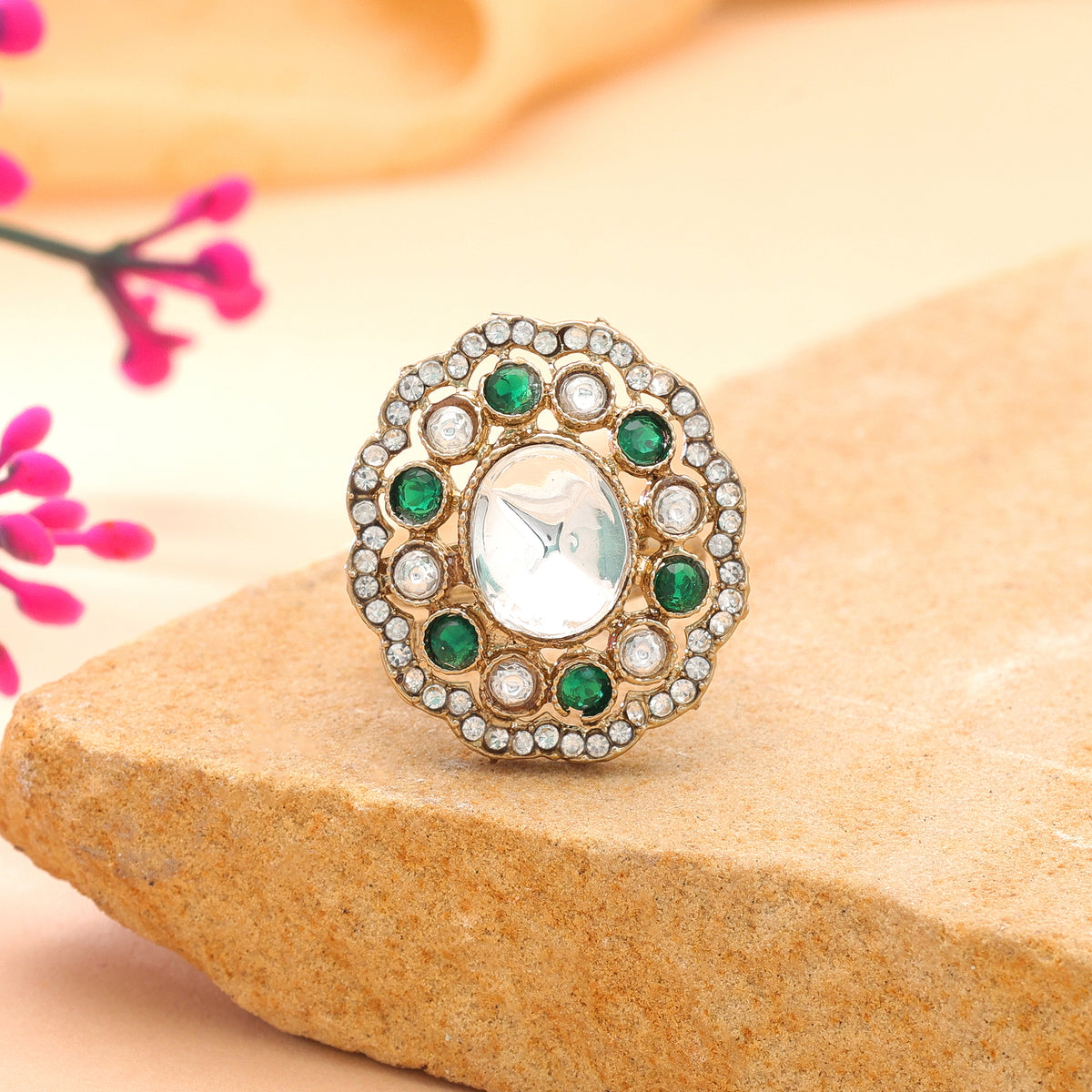 Green Color Kundan Ring Featuring Stylish Handmade Ethnic Jewelry Design