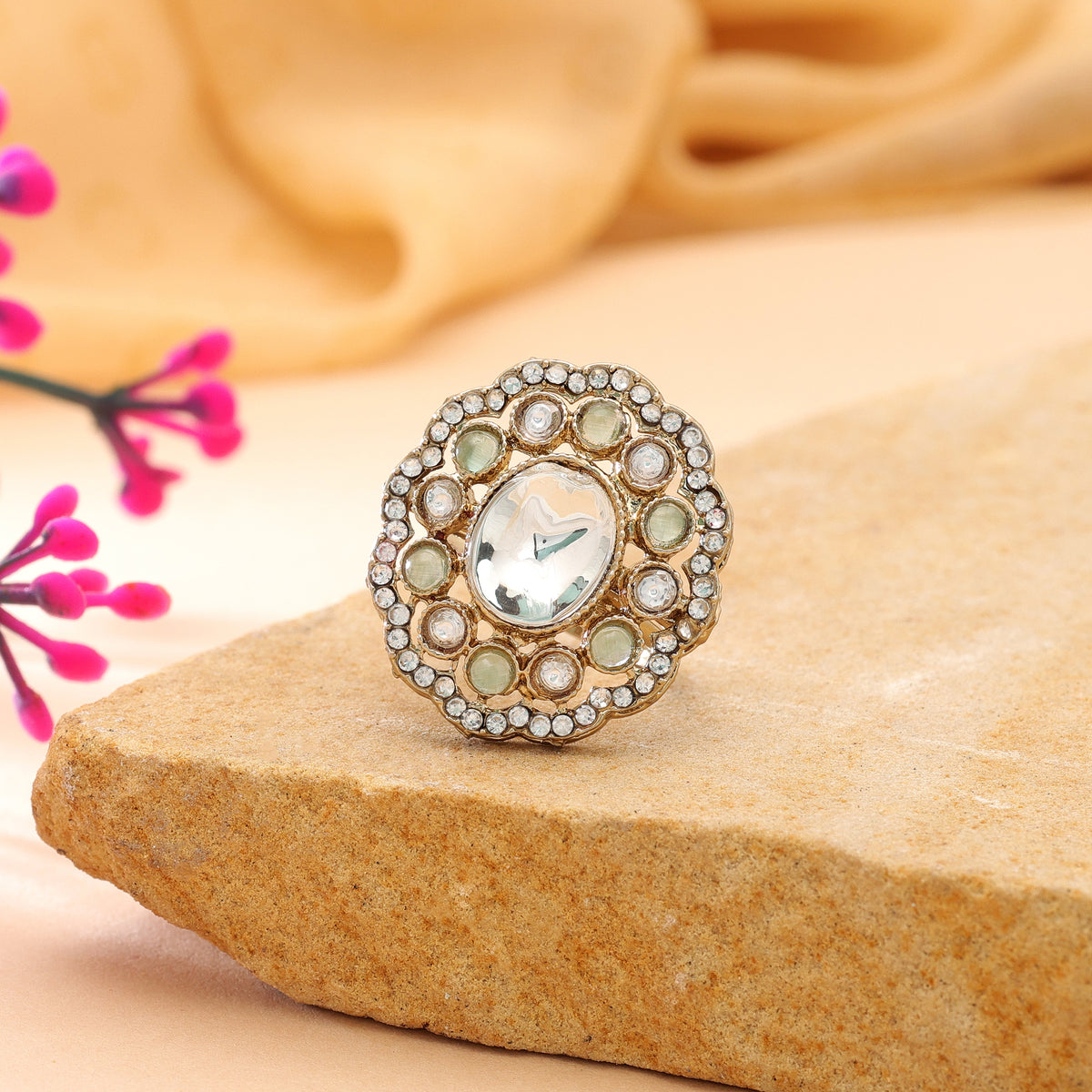 Paris Green Color Kundan Ring Featuring Stylish Traditional Designer Finish