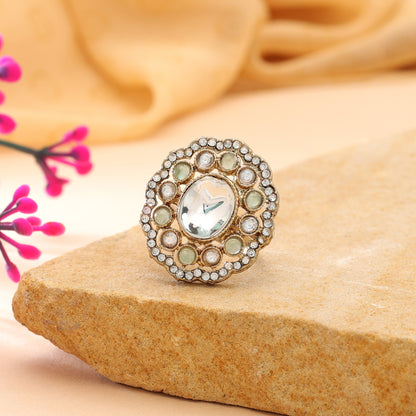 Paris Green Color Kundan Ring Featuring Stylish Traditional Designer Finish