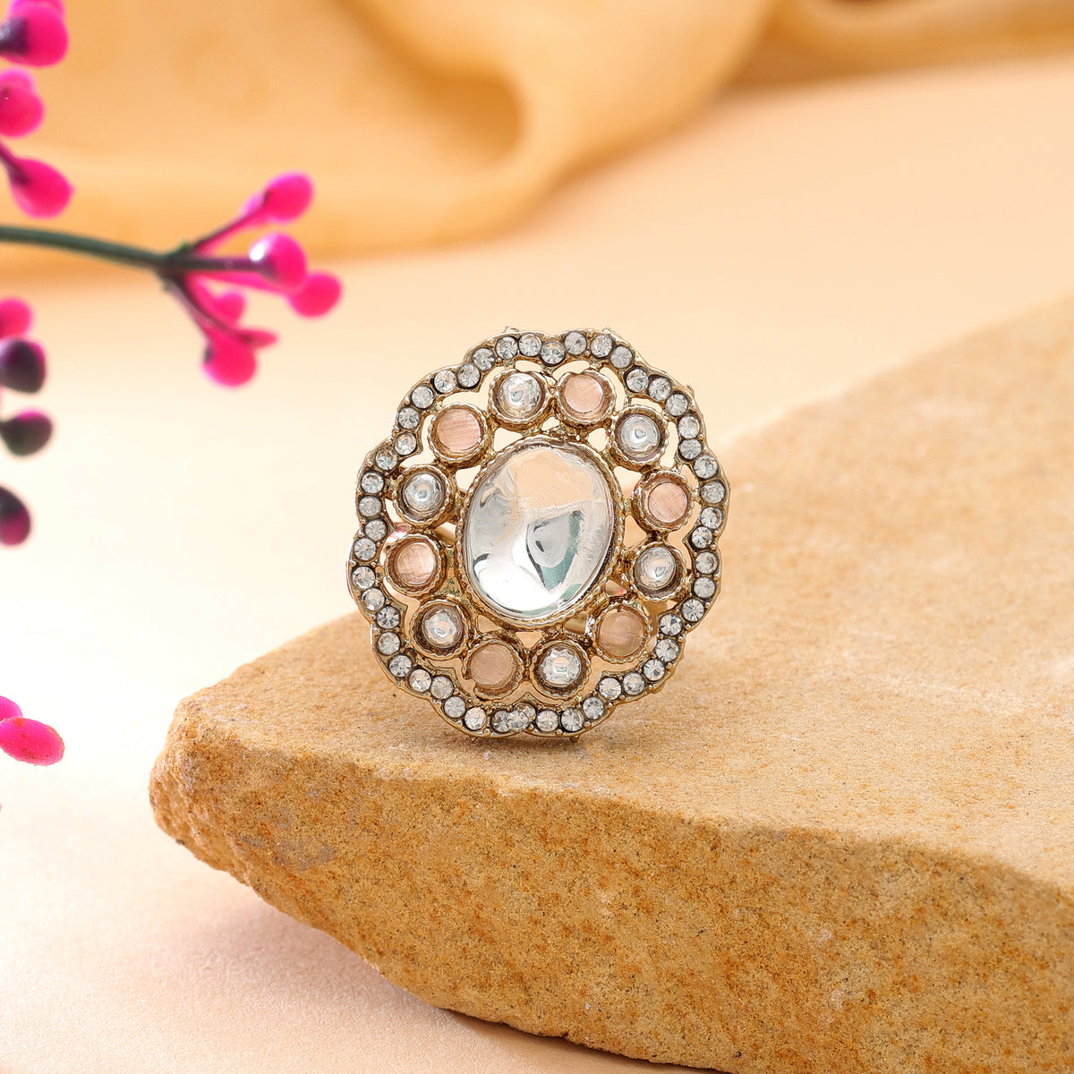 Light Pink Color Kundan Ring Featuring Premium Handmade Traditional Style