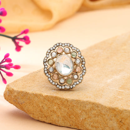 Multi Color Kundan Ring with Elegant Festive Designer Fashion Appeal
